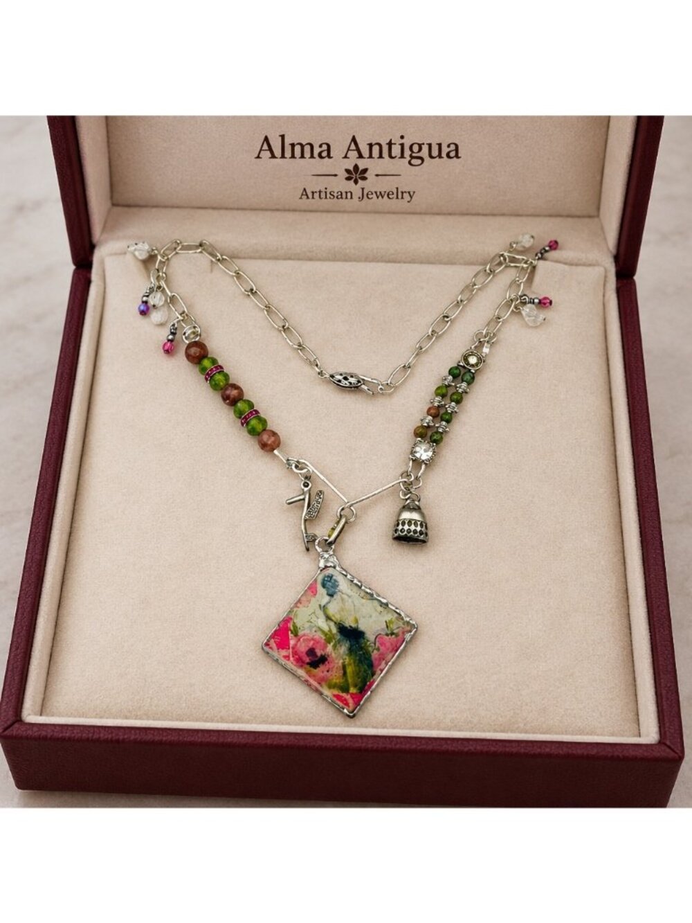 Parisian Muse Tiny Canvas Necklace with Unakite & Pink Jasper | Alma Antigua - Picture 3 of 15